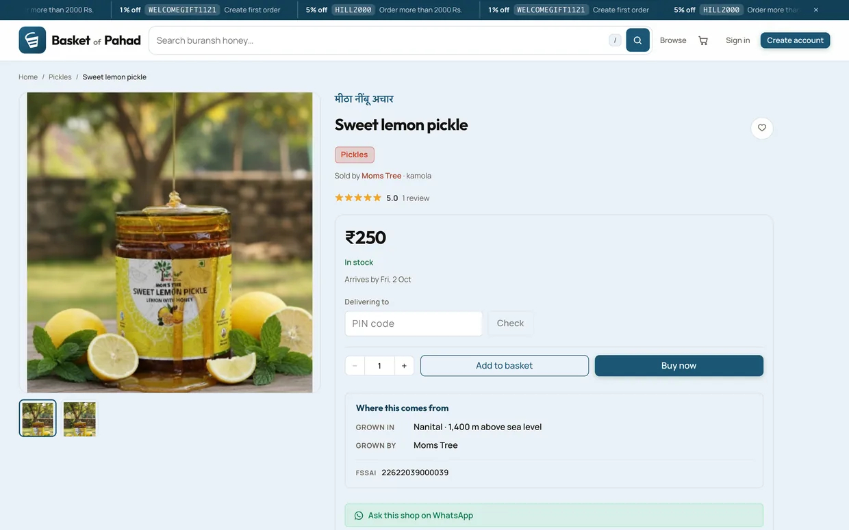 A listing, with provenance and the FSSAI licence where the law expects them